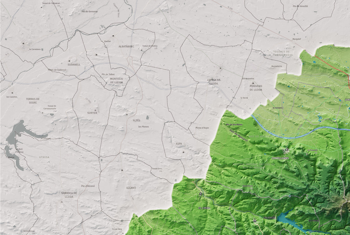 Mapa de relieve de las Garrigues, con el territorio en color y el entorno en blanco. Detalle de la zona superior izquierda. 61 × 91 cm. Estilo Clásico.
