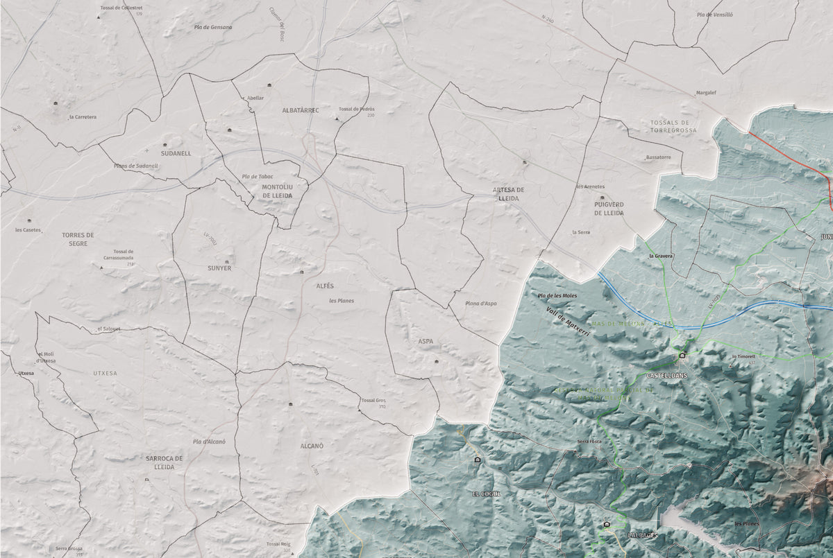 Mapa de relieve de las Garrigues, con el territorio en color y el entorno en blanco. Detalle de la zona superior izquierda. 61 × 91 cm. Estilo Azul y naranja.