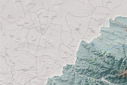 Mapa de relieve de las Garrigues, con el territorio en color y el entorno en blanco. Detalle de la zona superior izquierda. 61 × 91 cm. Estilo Azul y naranja.