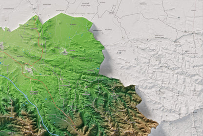 Mapa de relieve de las Garrigues, con el territorio en color y el entorno en blanco. Detalle de la zona superior derecha. 61 × 91 cm. Estilo Clásico.