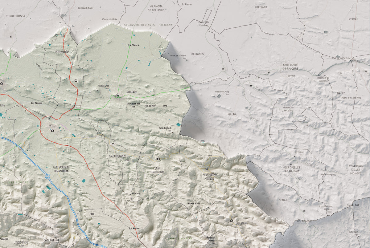 Mapa de relieve de las Garrigues, con el territorio en color y el entorno en blanco. Detalle de la zona superior derecha. 61 × 91 cm. Estilo Cartográfico.
