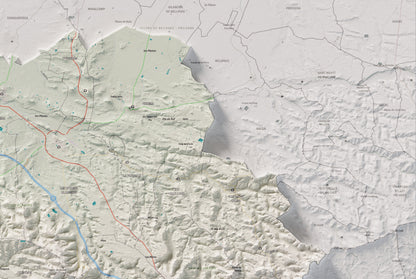 Mapa de relieve de las Garrigues, con el territorio en color y el entorno en blanco. Detalle de la zona superior derecha. 61 × 91 cm. Estilo Cartográfico.