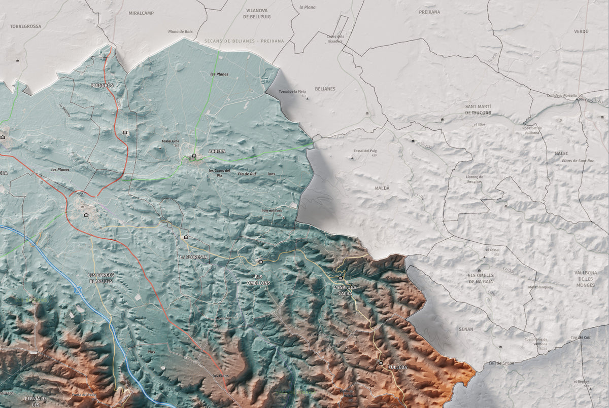 Mapa de relieve de las Garrigues, con el territorio en color y el entorno en blanco. Detalle de la zona superior derecha. 61 × 91 cm. Estilo Azul y naranja.
