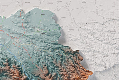 Mapa de relieve de las Garrigues, con el territorio en color y el entorno en blanco. Detalle de la zona superior derecha. 61 × 91 cm. Estilo Azul y naranja.