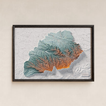 Mapa de relieve de las Garrigues, con el territorio en color y el entorno en blanco. Presentación con marco. 61 × 91 cm. Estilo Azul y naranja.