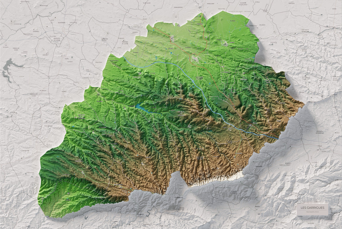 Mapa de relieve de las Garrigues, con el territorio en color y el entorno en blanco. Vista completa de la lámina. 61 × 91 cm. Estilo Clásico.