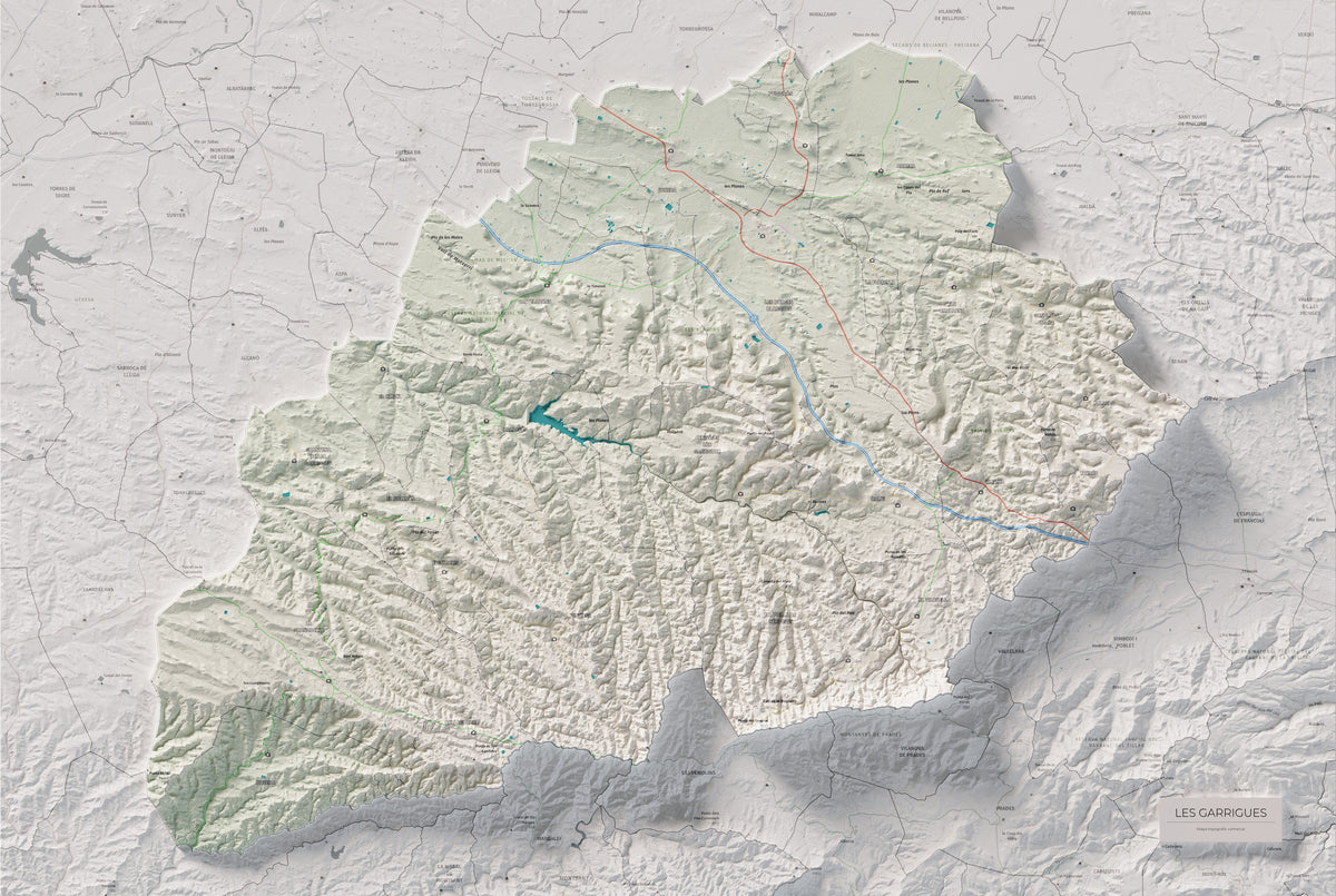 Mapa de relieve de las Garrigues, con el territorio en color y el entorno en blanco. Vista completa de la lámina. 61 × 91 cm. Estilo Cartográfico.
