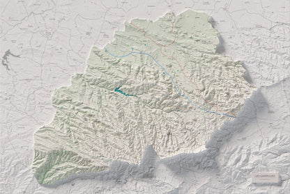 Mapa de relieve de las Garrigues, con el territorio en color y el entorno en blanco. Vista completa de la lámina. 61 × 91 cm. Estilo Cartográfico.