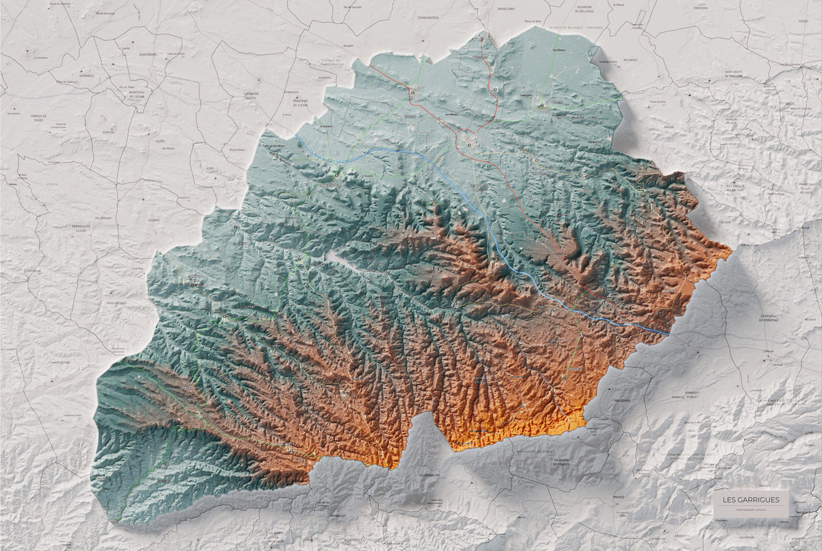Mapa de relieve de las Garrigues, con el territorio en color y el entorno en blanco. Vista completa de la lámina. 61 × 91 cm. Estilo Azul y naranja.