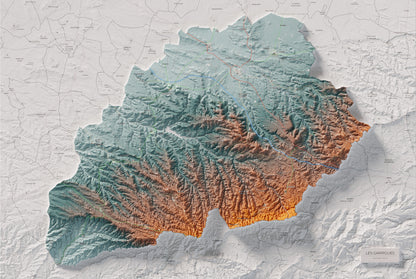 Mapa de relieve de las Garrigues, con el territorio en color y el entorno en blanco. Vista completa de la lámina. 61 × 91 cm. Estilo Azul y naranja.