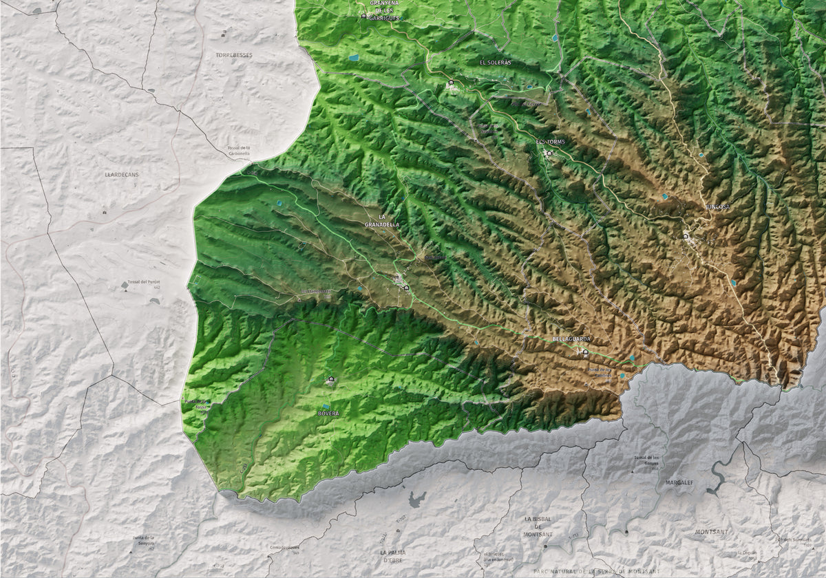 Mapa de relieve de las Garrigues, con el territorio en color y el entorno en blanco. Detalle de la zona inferior izquierda. 70 × 100 cm. Estilo Clásico.