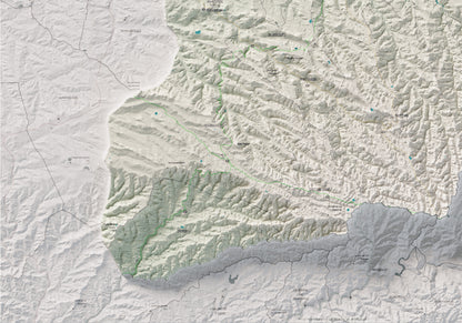 Mapa de relieve de las Garrigues, con el territorio en color y el entorno en blanco. Detalle de la zona inferior izquierda. 70 × 100 cm. Estilo Cartográfico.