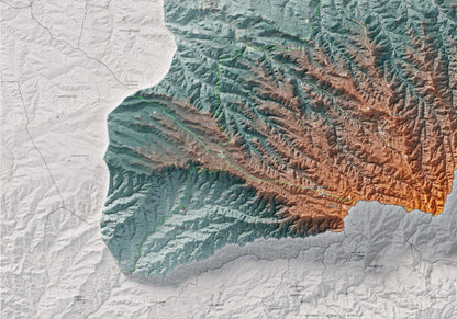 Mapa de relieve de las Garrigues, con el territorio en color y el entorno en blanco. Detalle de la zona inferior izquierda. 70 × 100 cm. Estilo Azul y naranja.