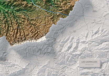 Mapa de relieve de las Garrigues, con el territorio en color y el entorno en blanco. Detalle de la zona inferior derecha. 70 × 100 cm. Estilo Clásico.
