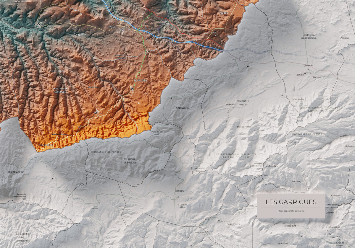 Mapa de relieve de las Garrigues, con el territorio en color y el entorno en blanco. Detalle de la zona inferior derecha. 70 × 100 cm. Estilo Azul y naranja.