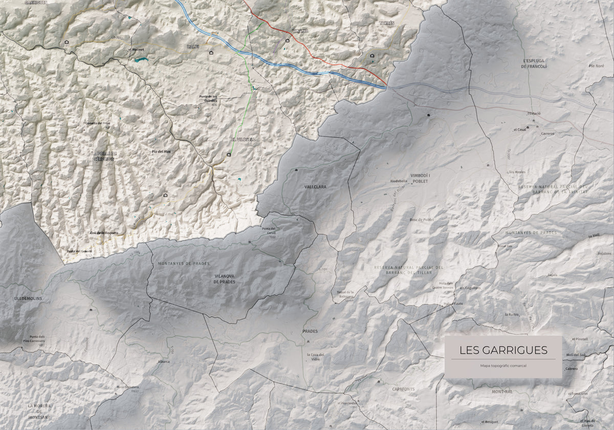 Mapa de relieve de las Garrigues, con el territorio en color y el entorno en blanco. Detalle de la zona inferior derecha. 70 × 100 cm. Estilo Cartográfico.
