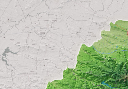 Mapa de relieve de las Garrigues, con el territorio en color y el entorno en blanco. Detalle de la zona superior izquierda. 70 × 100 cm. Estilo Clásico.