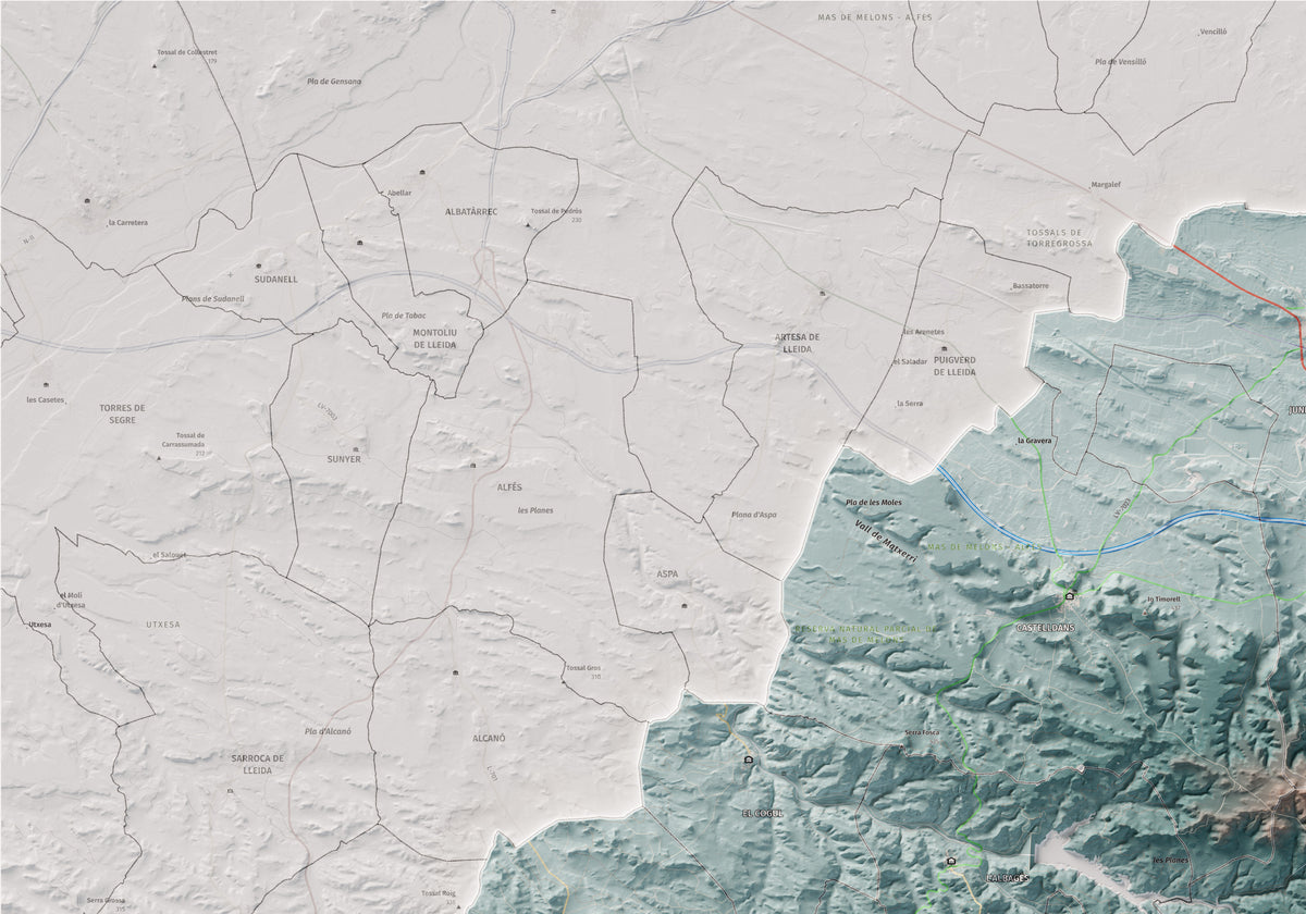 Mapa de relieve de las Garrigues, con el territorio en color y el entorno en blanco. Detalle de la zona superior izquierda. 70 × 100 cm. Estilo Azul y naranja.