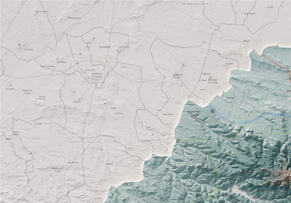 Mapa de relieve de las Garrigues, con el territorio en color y el entorno en blanco. Detalle de la zona superior izquierda. 70 × 100 cm. Estilo Azul y naranja.