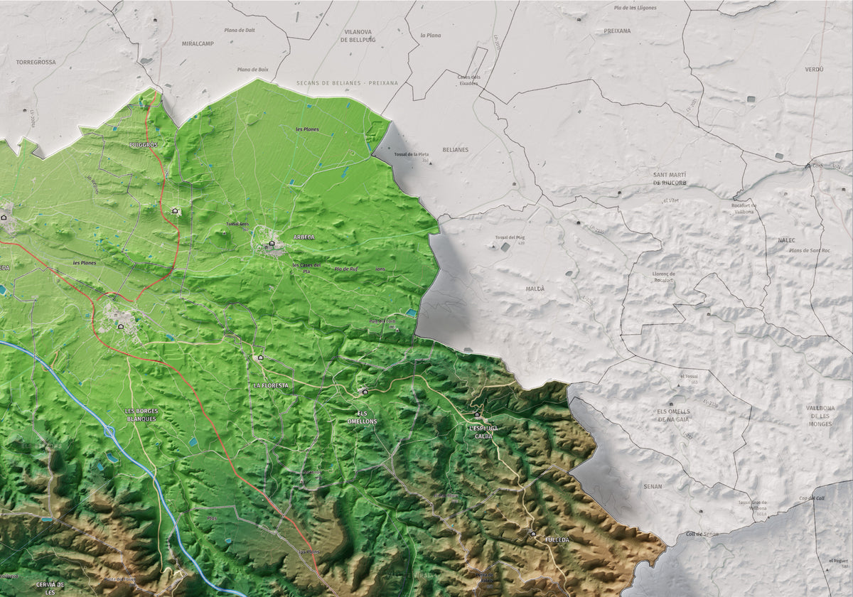 Mapa de relieve de las Garrigues, con el territorio en color y el entorno en blanco. Detalle de la zona superior derecha. 70 × 100 cm. Estilo Clásico.