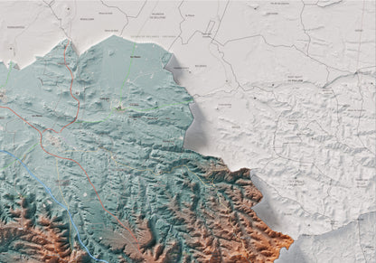 Mapa de relieve de las Garrigues, con el territorio en color y el entorno en blanco. Detalle de la zona superior derecha. 70 × 100 cm. Estilo Azul y naranja.