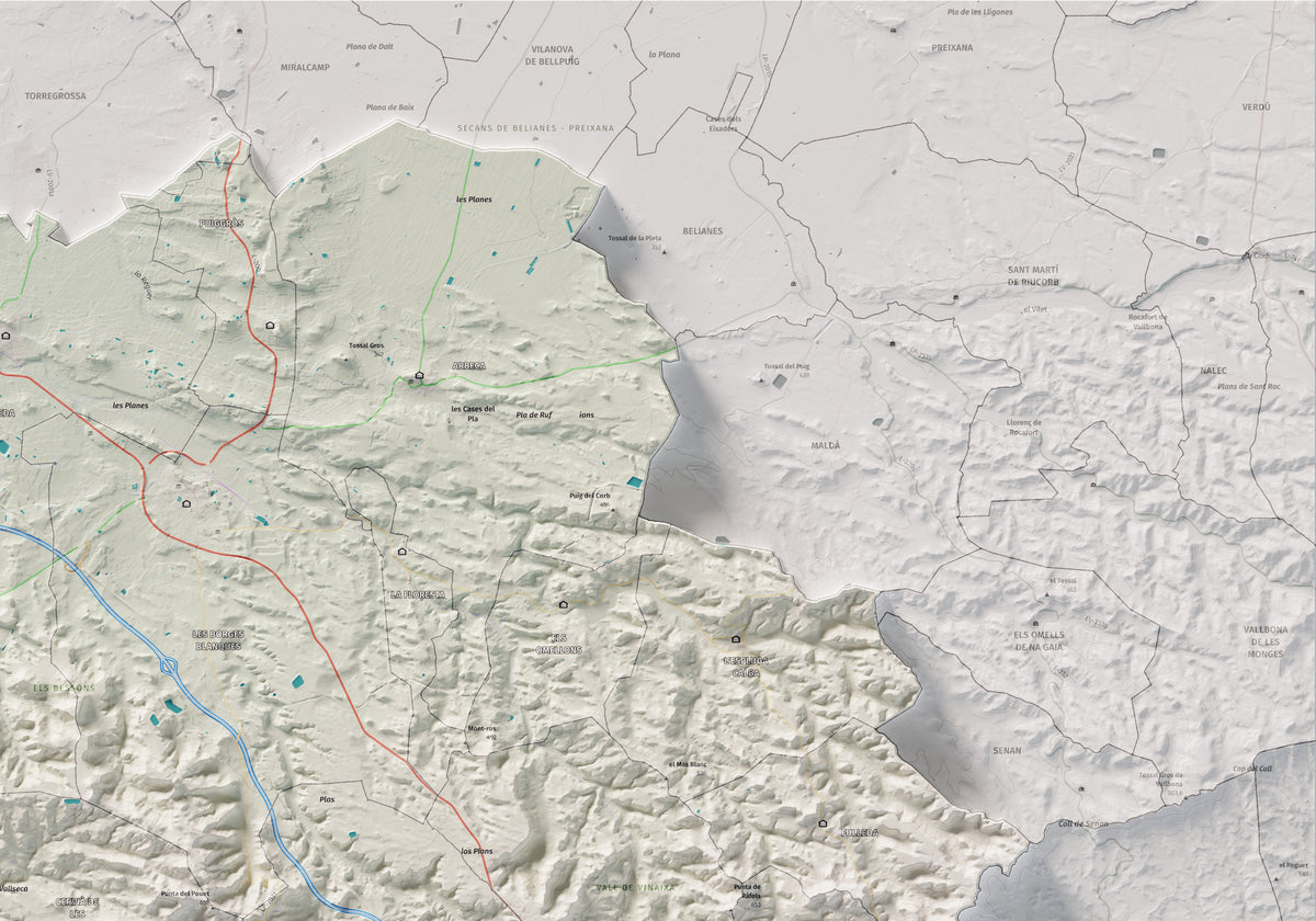 Mapa de relieve de las Garrigues, con el territorio en color y el entorno en blanco. Detalle de la zona superior derecha. 70 × 100 cm. Estilo Cartográfico.
