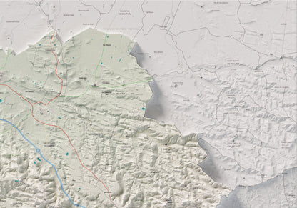 Mapa de relieve de las Garrigues, con el territorio en color y el entorno en blanco. Detalle de la zona superior derecha. 70 × 100 cm. Estilo Cartográfico.