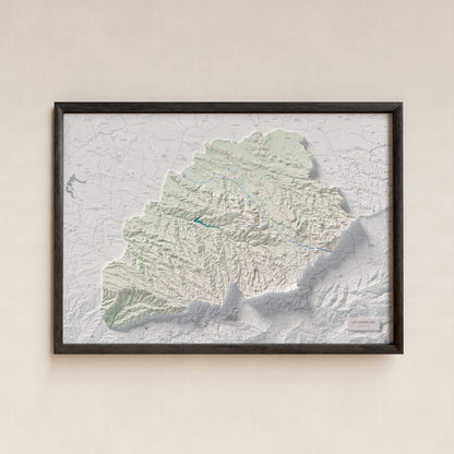 Mapa de relieve de las Garrigues, con el territorio en color y el entorno en blanco. Presentación con marco. 70 × 100 cm. Estilo Cartográfico.