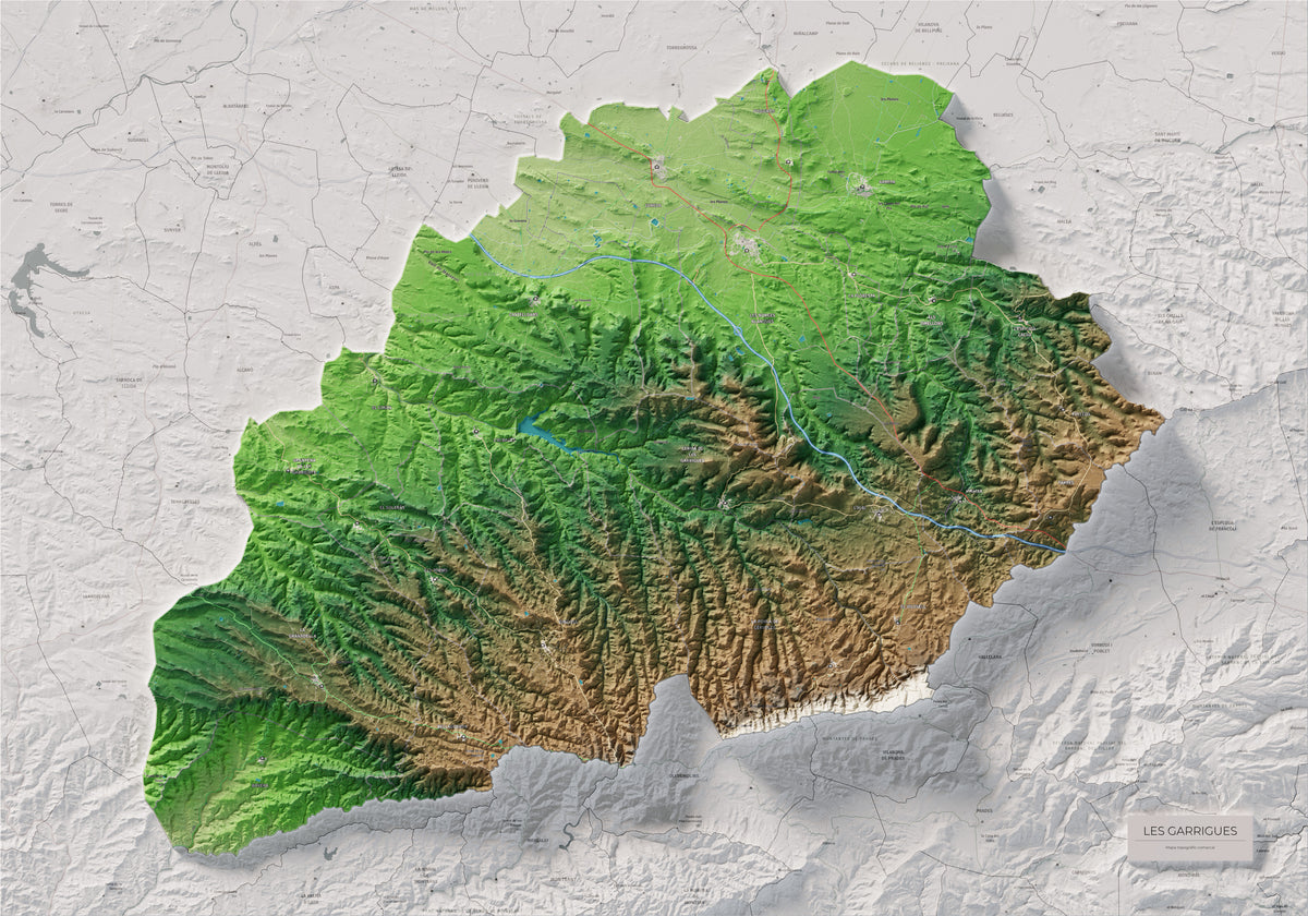 Mapa de relieve de las Garrigues, con el territorio en color y el entorno en blanco. Vista completa de la lámina. 70 × 100 cm. Estilo Clásico.