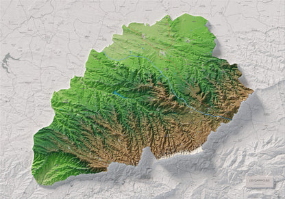 Mapa de relieve de las Garrigues, con el territorio en color y el entorno en blanco. Vista completa de la lámina. 70 × 100 cm. Estilo Clásico.