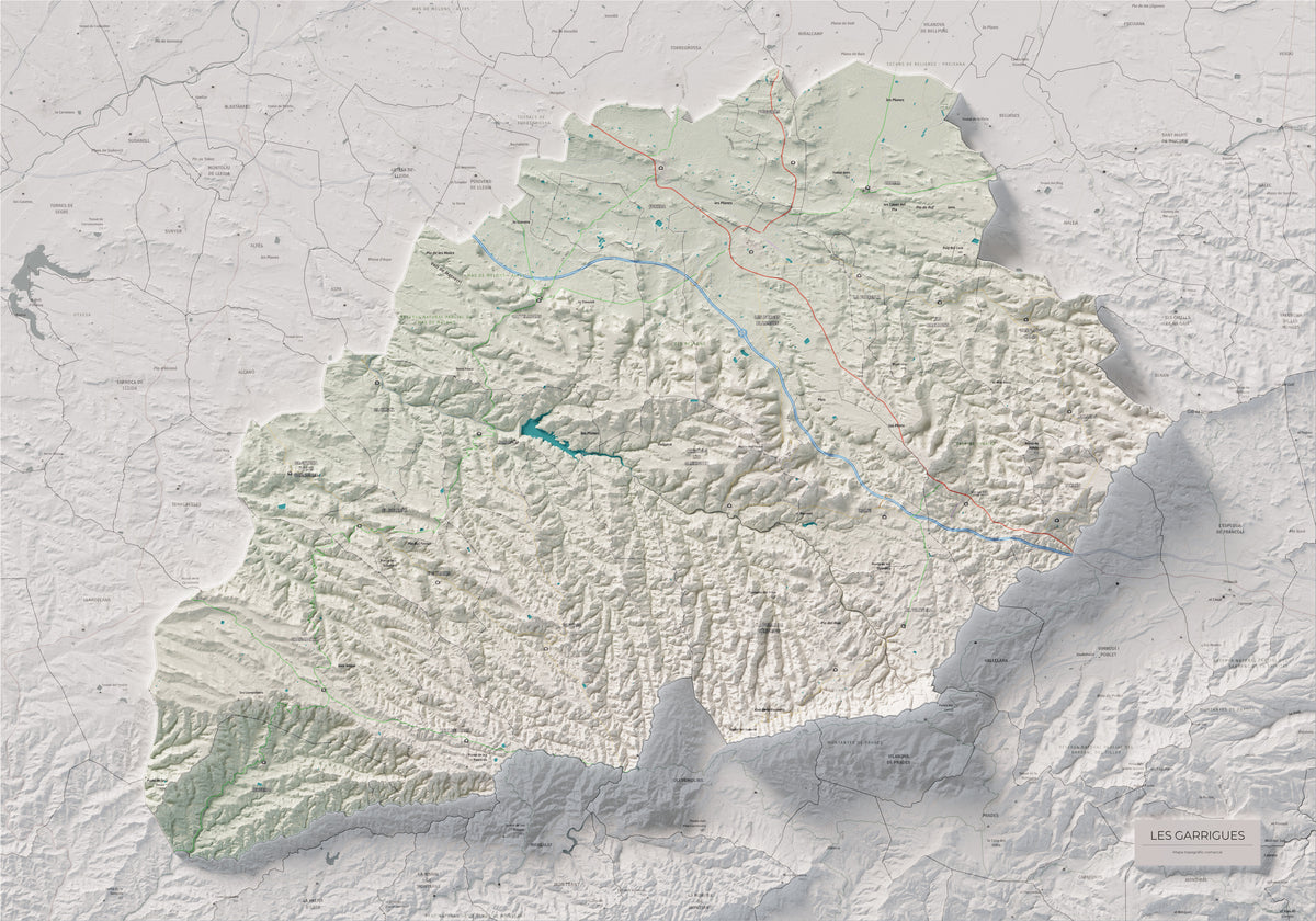 Mapa de relieve de las Garrigues, con el territorio en color y el entorno en blanco. Vista completa de la lámina. 70 × 100 cm. Estilo Cartográfico.