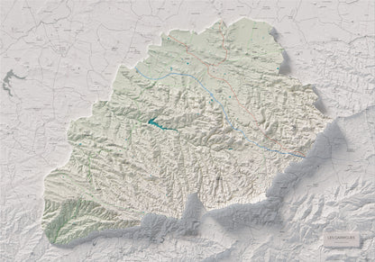 Mapa de relieve de las Garrigues, con el territorio en color y el entorno en blanco. Vista completa de la lámina. 70 × 100 cm. Estilo Cartográfico.