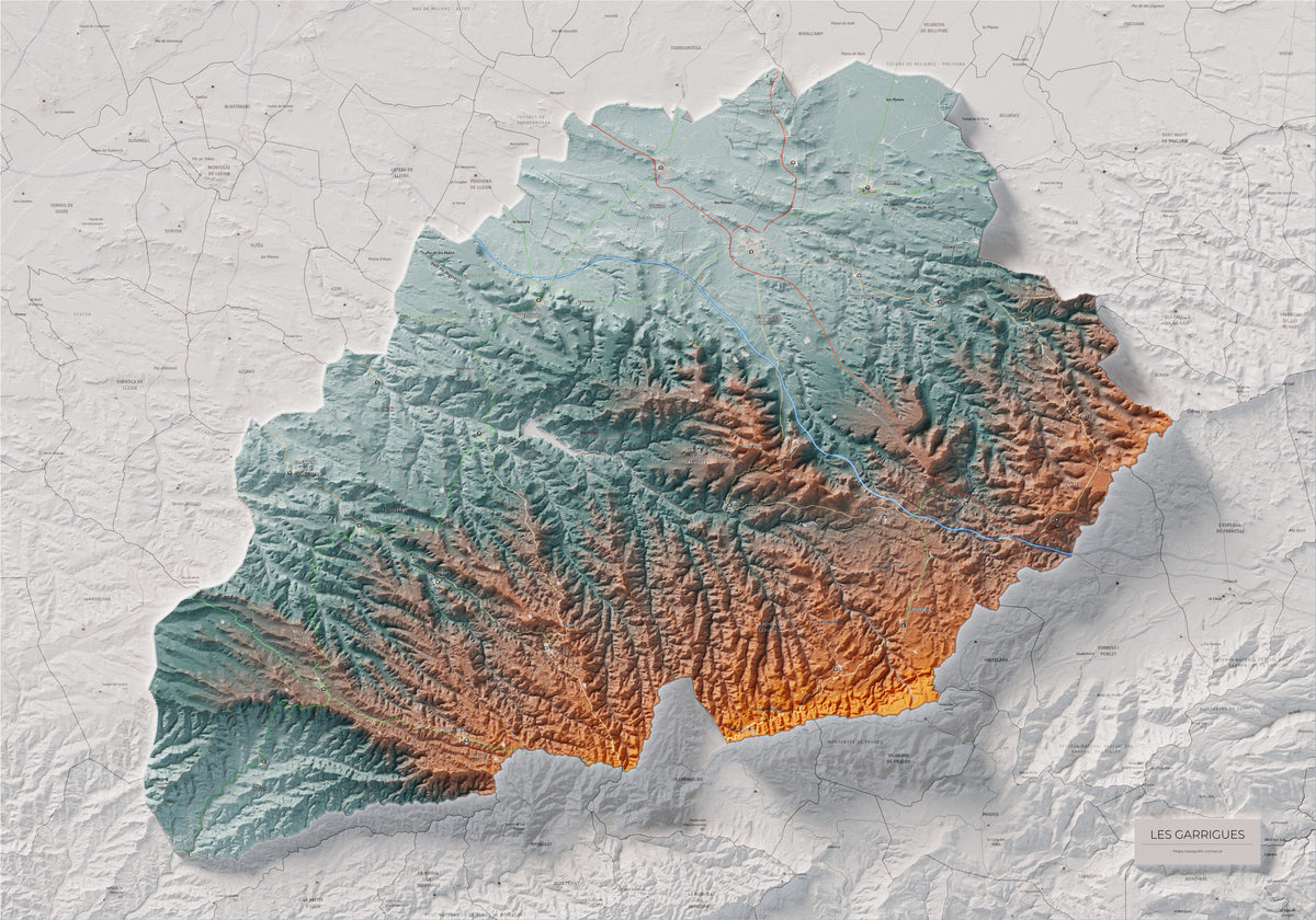 Mapa de relieve de las Garrigues, con el territorio en color y el entorno en blanco. Vista completa de la lámina. 70 × 100 cm. Estilo Azul y naranja.