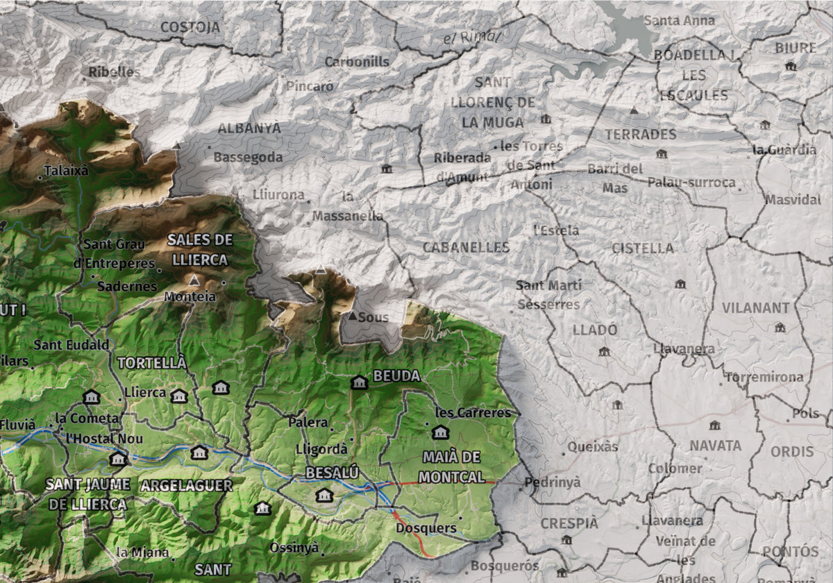 Mapa de relleu de la Garrotxa, amb el territori en color i l’entorn en blanc. Detall de la part superior dreta. 21 × 30 cm. Estil Clàssic.