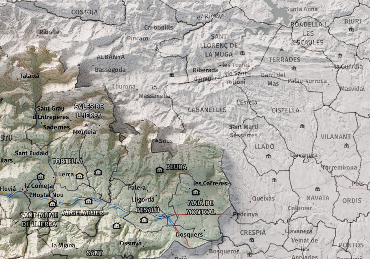 Mapa de relleu de la Garrotxa, amb el territori en color i l’entorn en blanc. Detall de la part superior dreta. 21 × 30 cm. Estil Cartogràfic.