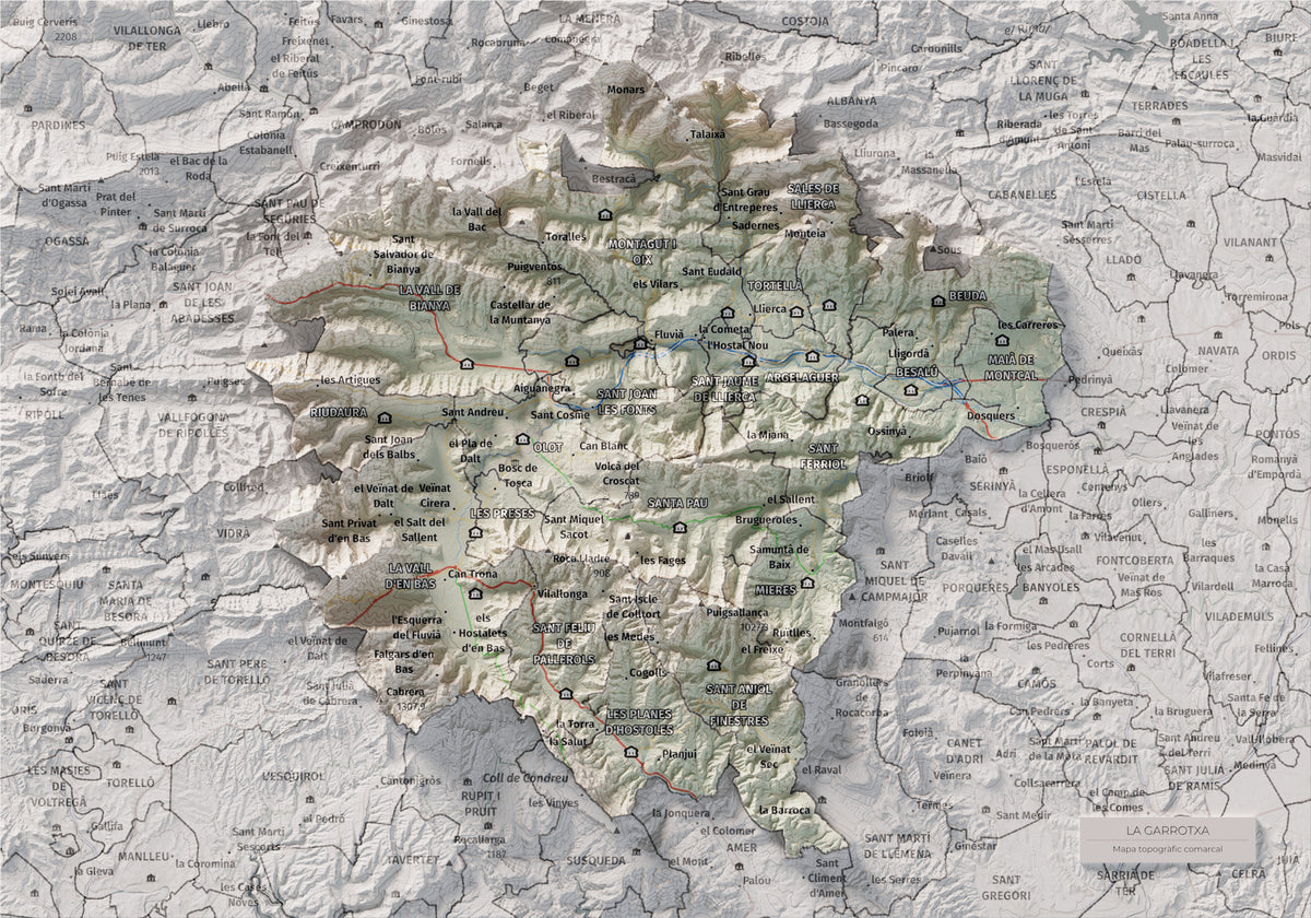 Mapa de relleu de la Garrotxa, amb el territori en color i l’entorn en blanc. Vista completa de la làmina. 21 × 30 cm. Estil Cartogràfic.