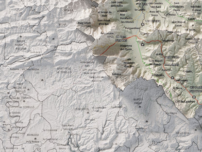 Mapa de relleu de la Garrotxa, amb el territori en color i l’entorn en blanc. Detall de la part inferior esquerra. 30 × 40 cm. Estil Cartogràfic.
