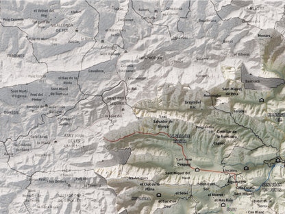 Mapa de relleu de la Garrotxa, amb el territori en color i l’entorn en blanc. Detall de la part superior esquerra. 30 × 40 cm. Estil Cartogràfic.