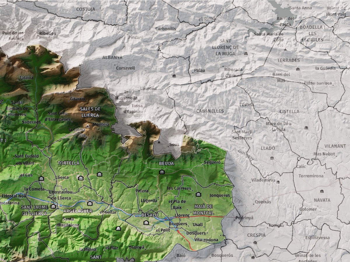 Mapa de relleu de la Garrotxa, amb el territori en color i l’entorn en blanc. Detall de la part superior dreta. 30 × 40 cm. Estil Clàssic.