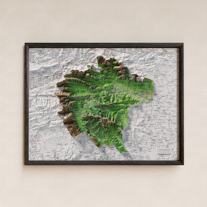 Mapa de relleu de la Garrotxa, amb el territori en color i l’entorn en blanc. Presentació amb marc. 30 × 40 cm. Estil Clàssic.