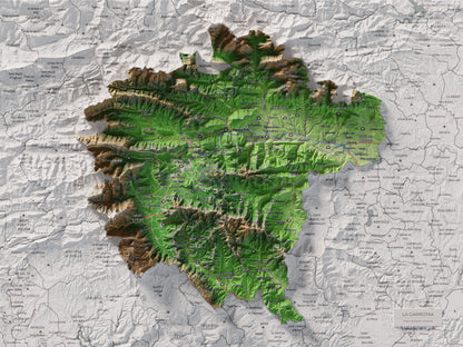 Mapa de relleu de la Garrotxa, amb el territori en color i l’entorn en blanc. Vista completa de la làmina. 30 × 40 cm. Estil Clàssic.
