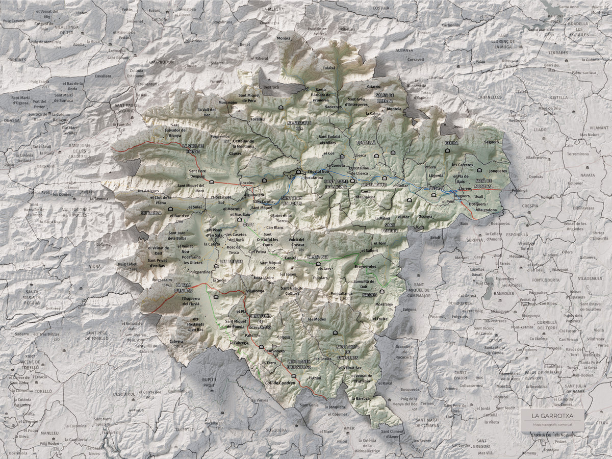 Mapa de relleu de la Garrotxa, amb el territori en color i l’entorn en blanc. Vista completa de la làmina. 30 × 40 cm. Estil Cartogràfic.