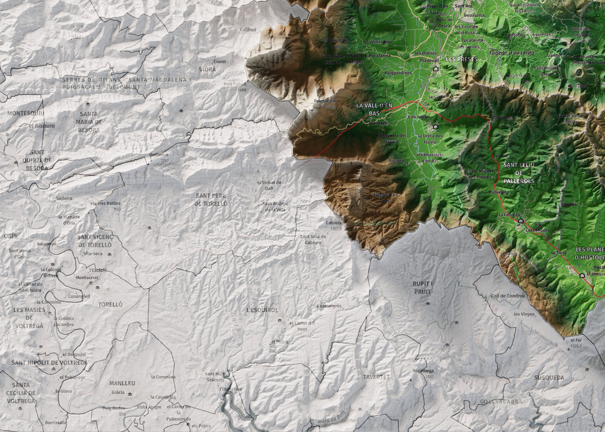 Mapa de relleu de la Garrotxa, amb el territori en color i l’entorn en blanc. Detall de la part inferior esquerra. 50 × 70 cm. Estil Clàssic.