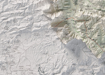 Mapa de relleu de la Garrotxa, amb el territori en color i l’entorn en blanc. Detall de la part inferior esquerra. 50 × 70 cm. Estil Cartogràfic.