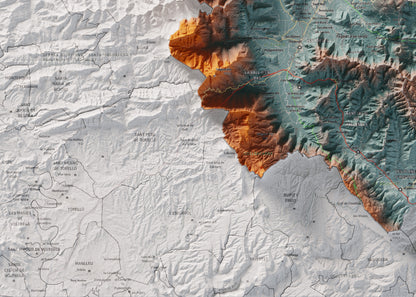 Mapa de relleu de la Garrotxa, amb el territori en color i l’entorn en blanc. Detall de la part inferior esquerra. 50 × 70 cm. Estil Blau i taronja.