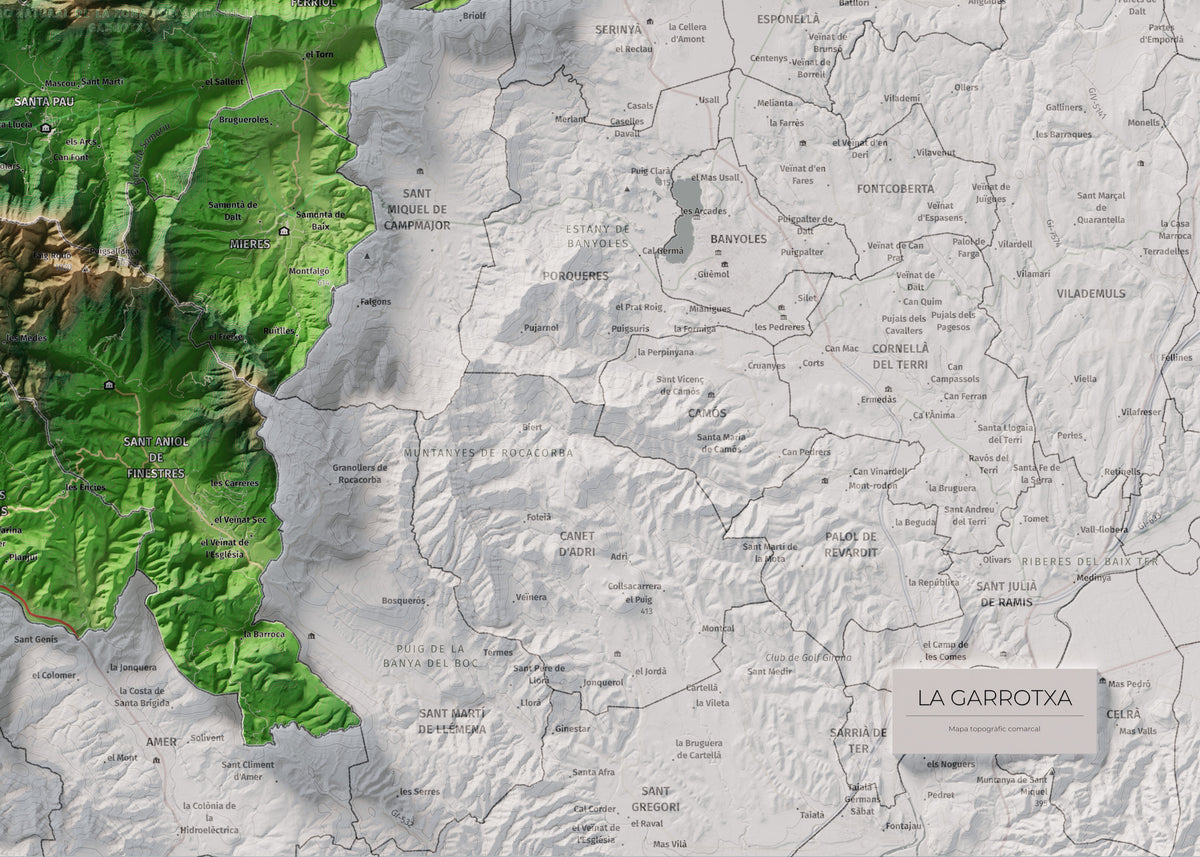 Mapa de relleu de la Garrotxa, amb el territori en color i l’entorn en blanc. Detall de la part inferior dreta. 50 × 70 cm. Estil Clàssic.