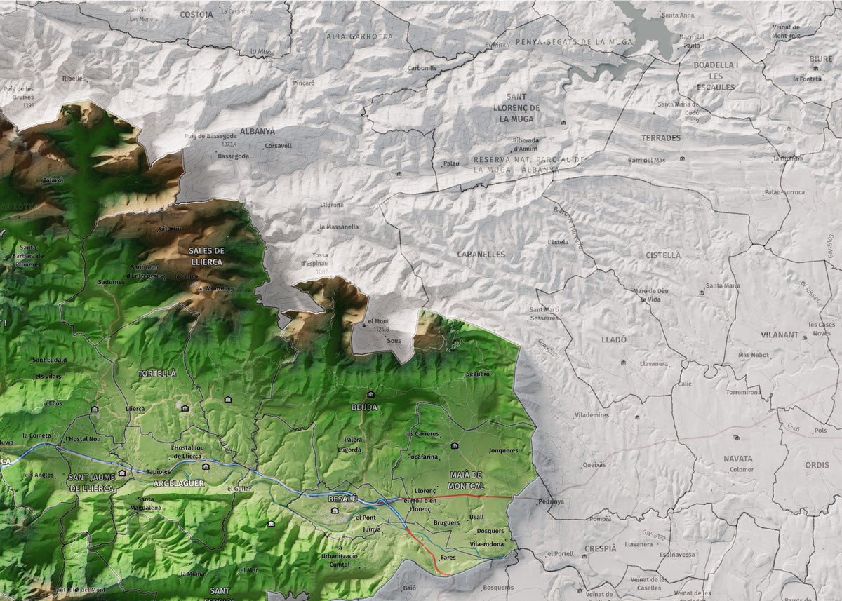 Mapa de relleu de la Garrotxa, amb el territori en color i l’entorn en blanc. Detall de la part superior dreta. 50 × 70 cm. Estil Clàssic.
