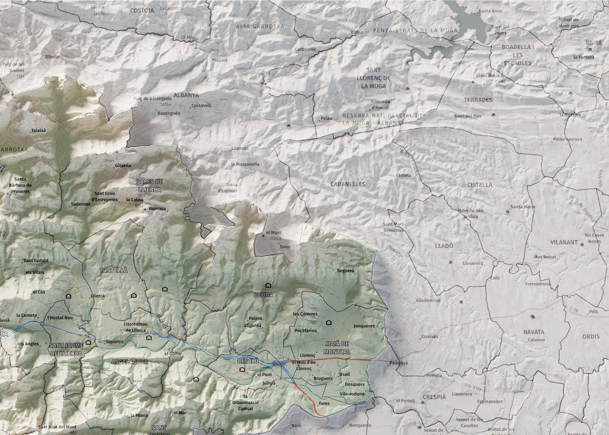 Mapa de relleu de la Garrotxa, amb el territori en color i l’entorn en blanc. Detall de la part superior dreta. 50 × 70 cm. Estil Cartogràfic.