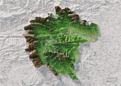 Mapa de relleu de la Garrotxa, amb el territori en color i l’entorn en blanc. Vista completa de la làmina. 50 × 70 cm. Estil Clàssic.