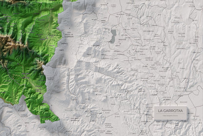 Mapa de relleu de la Garrotxa, amb el territori en color i l’entorn en blanc. Detall de la part inferior dreta. 61 × 91 cm. Estil Clàssic.